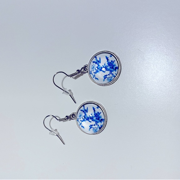 Handmade Glass Dome Hanging Drop Earrings | Blue & White Theme - Picture 7 of 8